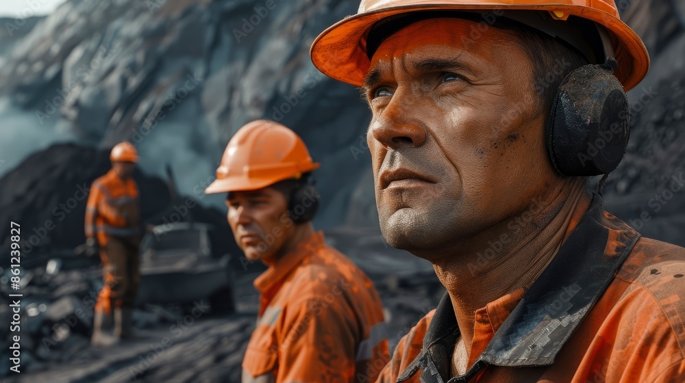 Workers With Coal At An Open Pit, Their Faces Showing Determination And Resilience Workers With Coal At An Open Pit, Their Faces Showing Determination And Resilience