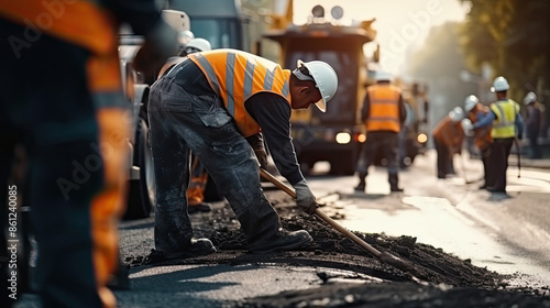 Road construction workers teamwork, tarmac laying works at a road construction site, hot asphalt gravel leveled by workers, and road surface repair