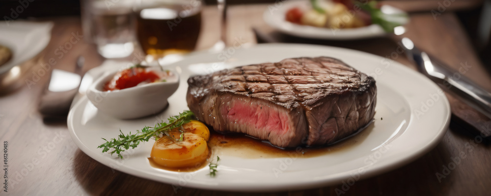 Steak served with plate on wooden table. Extremely detailed and realistic high resolution illustration Steak served with plate on wooden table. Extremely detailed and realistic high resolution illustration