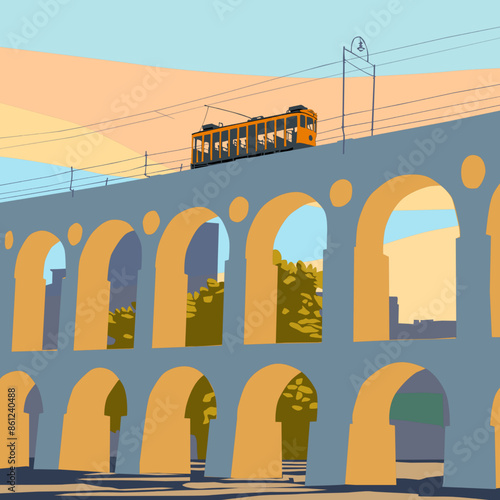 Architecture, cityscape of Rio, Centro. Arches of Lapa, Rio de Janeiro. Brazil, bridge with tram, viaduct. Vector graphic, illustration created by artist.