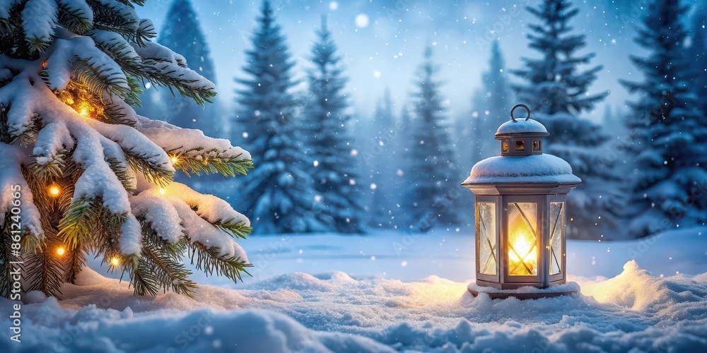 Snow covered forest with lantern and Christmas tree on top, winter, forest, snow, lantern, Christmas tree, holidays, cold Snow covered forest with lantern and Christmas tree on top, winter, forest, snow, lantern, Christmas tree, holidays, cold