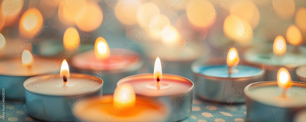 Soft focus image of colorful, glowing tealight candles creating a romantic and peaceful atmosphere with a warm bokeh background. Soft focus image of colorful, glowing tealight candles creating a romantic and peaceful atmosphere with a warm bokeh background.
