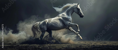 Birds-eye view of a majestic white horse performing dressage piaffe, dark manege with swirling dust of sand, blurred background, photorealistic rendering, full body shot