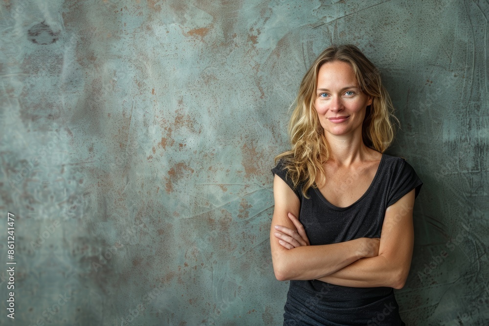 Portrait of a blissful caucasian woman in her 30s with arms crossed in plain cyclorama studio wall Portrait of a blissful caucasian woman in her 30s with arms crossed in plain cyclorama studio wall