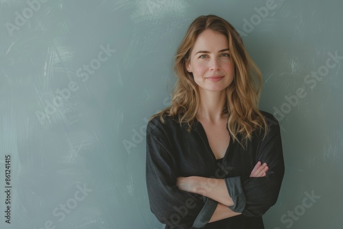 Portrait of a blissful caucasian woman in her 30s with arms crossed while standing against plain cyclorama studio wall