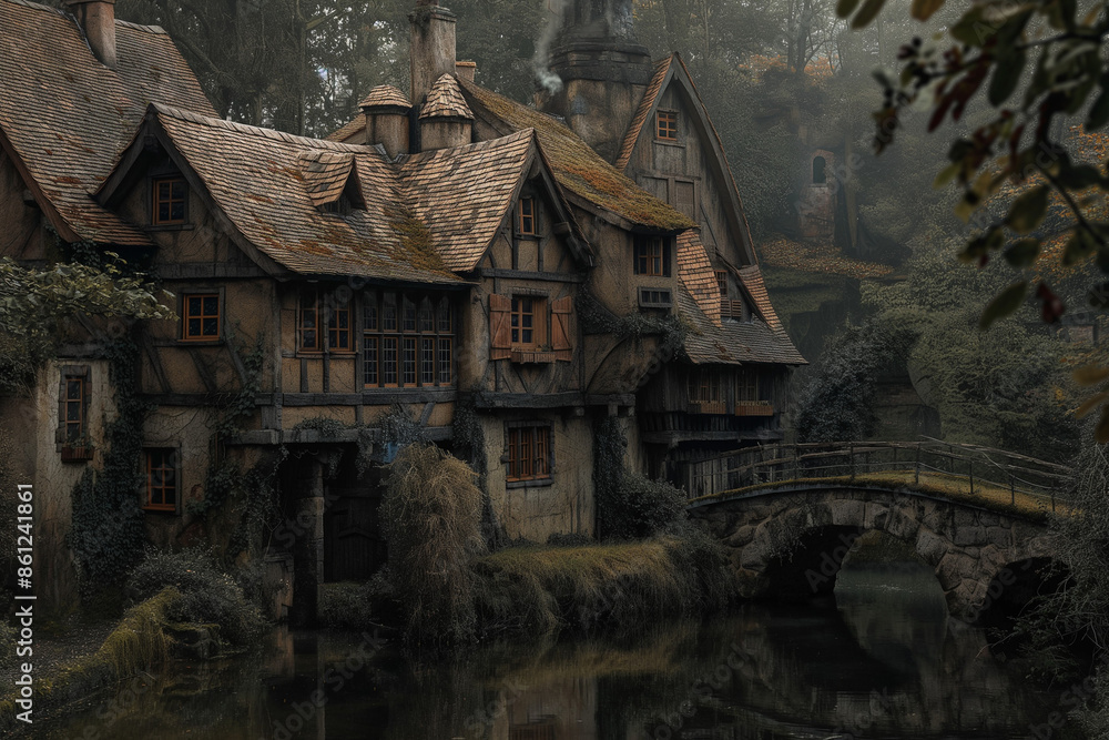 Old, rustic houses by a stone bridge over a calm river in a misty, fairytale-like village setting Old, rustic houses by a stone bridge over a calm river in a misty, fairytale-like village setting