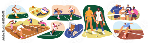 Pickleball game set. Players with rackets hitting pickle ball on court with net. Men, women characters with racquet paddles at match, sport game. Flat vector illustration isolated on white background