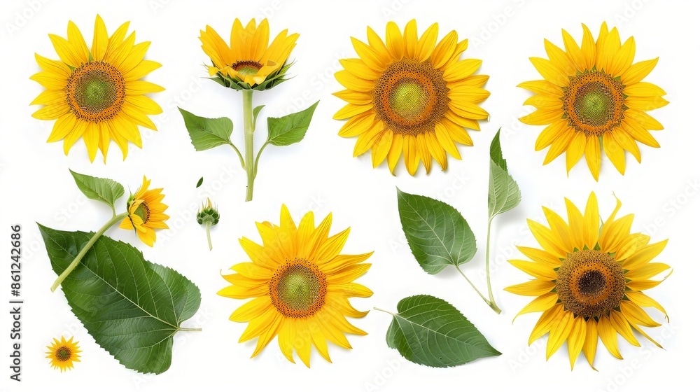 Collection of Sunflowers and Leaves on White Background Collection of Sunflowers and Leaves on White Background