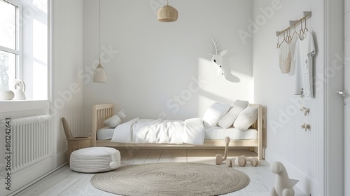 A minimalist children's bedroom with Scandinavian design elements and neutral tones © Plaifah