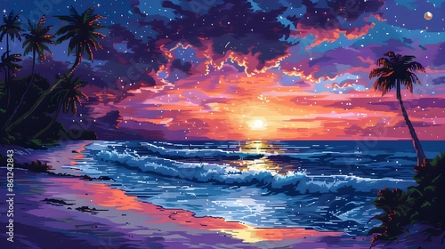 Pointillism Tropical Sunset Beachscape photo