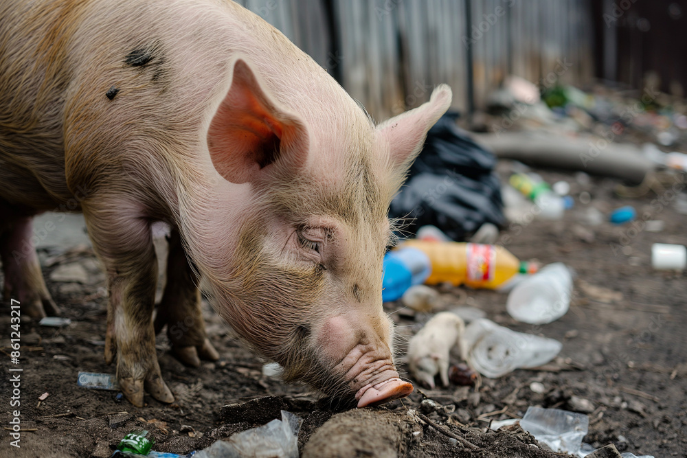 A pig sniffing around trash and plastic bottles in a dirty outdoor setting showcasing pollution and waste A pig sniffing around trash and plastic bottles in a dirty outdoor setting showcasing pollution and waste