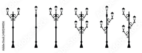 silhouette of a garden lamppost set design, ancient black and white design, editable vector eps 10.