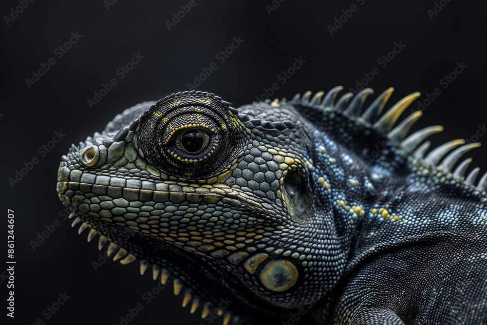 Detailed close-up of an iguana with intricate scales and a focused gaze creating a striking and exotic wildlife portrait Detailed close-up of an iguana with intricate scales and a focused gaze creating a striking and exotic wildlife portrait