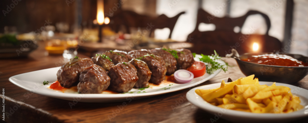Cevapcici served wooden table. Extremely detailed and realistic high resolution illustration Cevapcici served wooden table. Extremely detailed and realistic high resolution illustration