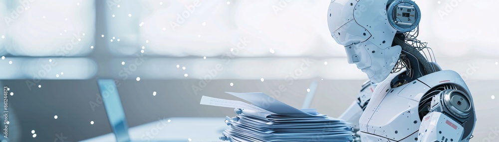 Against a minimalist backdrop, a robot is engaged in managing bankruptcy paperwork, highlighting the integration of advanced technology in future legal processes. The image includes extensive copy Against a minimalist backdrop, a robot is engaged in managing bankruptcy paperwork, highlighting the integration of advanced technology in future legal processes. The image includes extensive copy