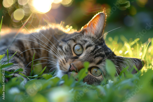 Adorable cat lying in the grass with sunlight filtering through creating a warm and serene scene perfect for pet lovers photo