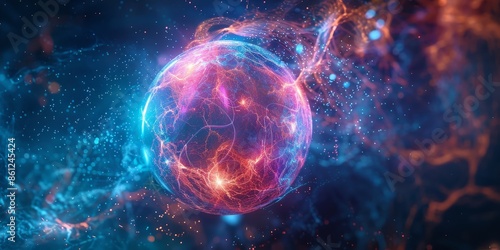 Neon Energy Sphere Surrounded by Dynamic Particles