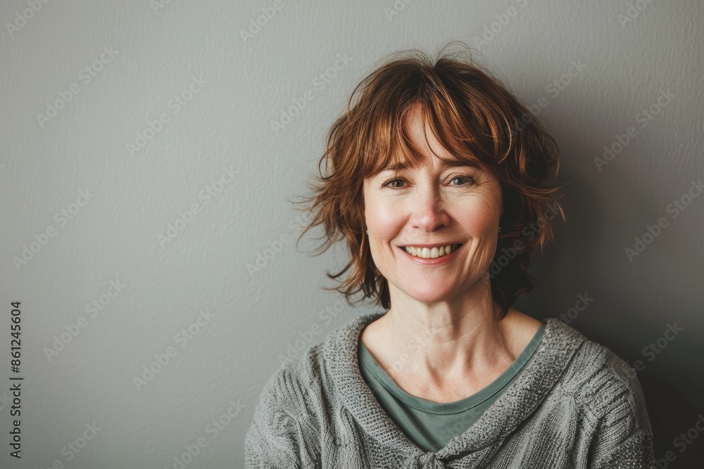 Portrait of a joyful caucasian woman in her 40s smiling at the camera in plain cyclorama studio wall Portrait of a joyful caucasian woman in her 40s smiling at the camera in plain cyclorama studio wall