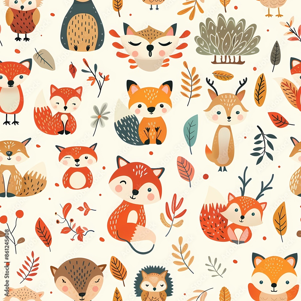A vector illustration of a seamless pattern with charming woodland creatures like foxes, deer, owls, and hedgehogs. Each animal should be depicted in a cute, whimsical style with bright colors and A vector illustration of a seamless pattern with charming woodland creatures like foxes, deer, owls, and hedgehogs. Each animal should be depicted in a cute, whimsical style with bright colors and