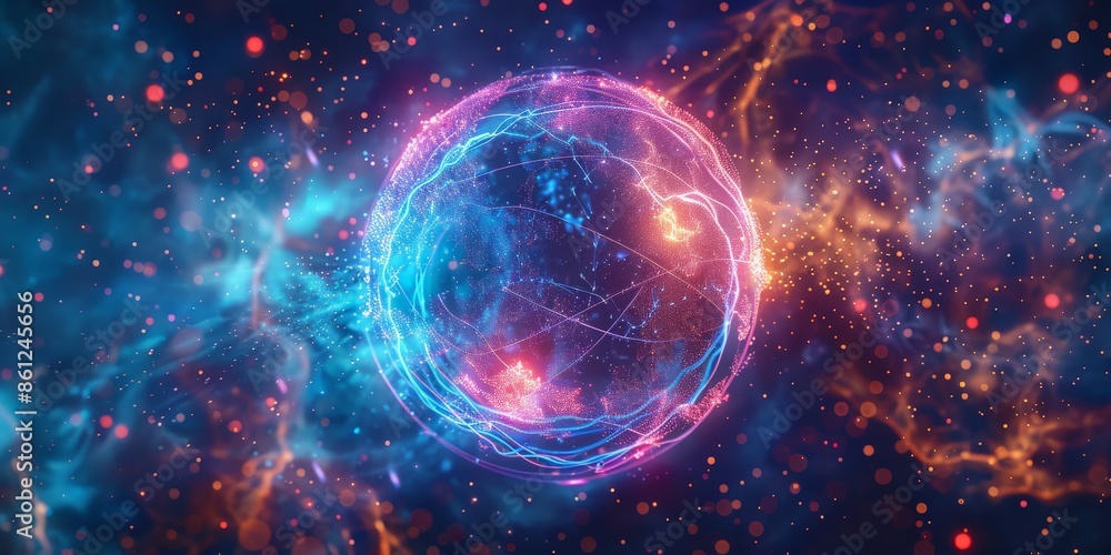 Fototapeta premium Neon Energy Sphere Surrounded by Dynamic Particles