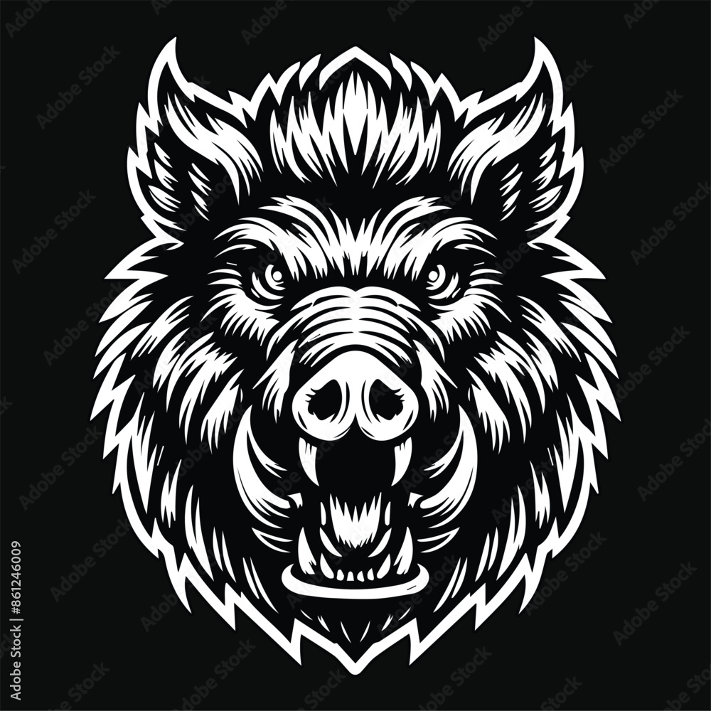 Fototapeta premium Dark Art Scary Wild Boar Head Black and White Illustration