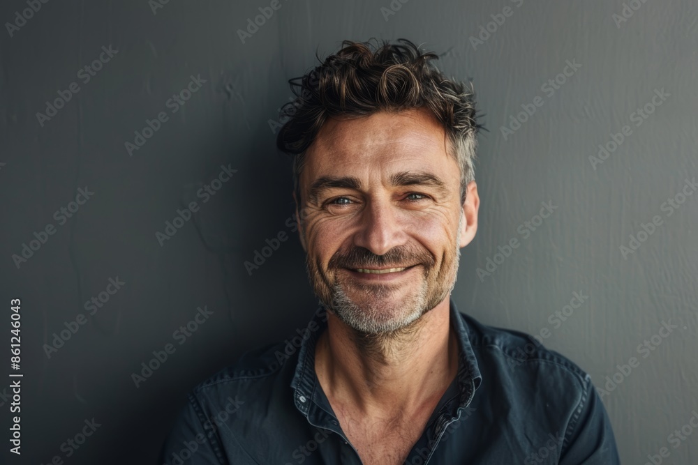 Portrait of a tender man in his 40s smiling at the camera isolated on plain cyclorama studio wall Portrait of a tender man in his 40s smiling at the camera isolated on plain cyclorama studio wall