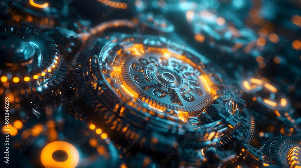 custom made wallpaper toronto digital9. Construct an intricate web of interlocking metallic gears and cogs, set in motion against a backdrop of glowing circuits and digital displays in a futuristic world.