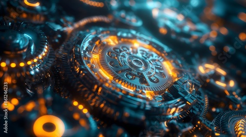 Wallpaper Mural 9. Construct an intricate web of interlocking metallic gears and cogs, set in motion against a backdrop of glowing circuits and digital displays in a futuristic world. Torontodigital.ca