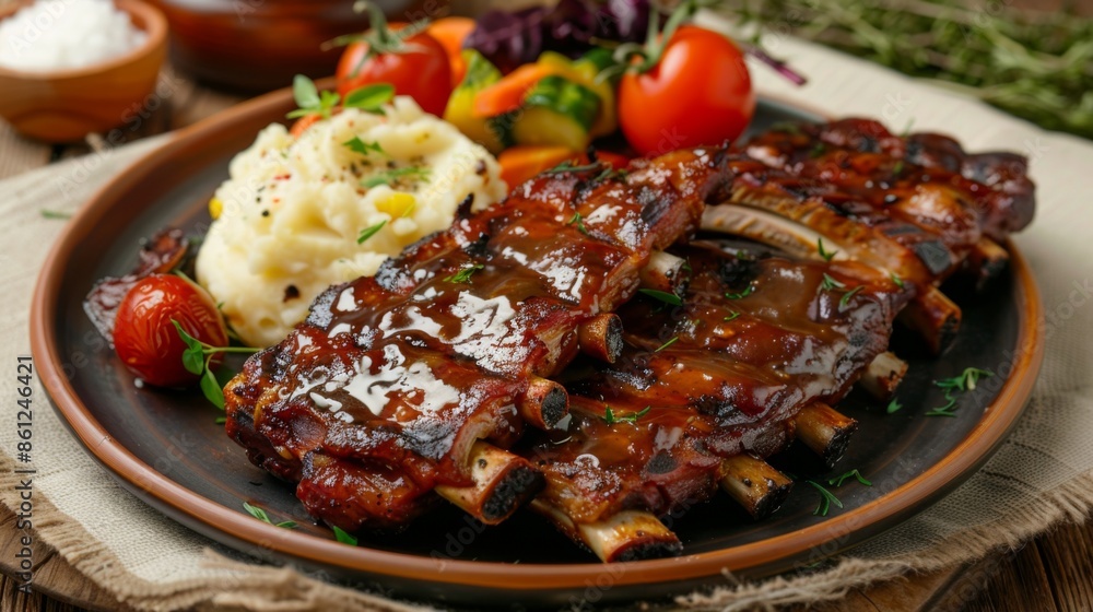 A plate of mouthwatering grilled pork ribs served with mashed potatoes and grilled vegetables A plate of mouthwatering grilled pork ribs served with mashed potatoes and grilled vegetables
