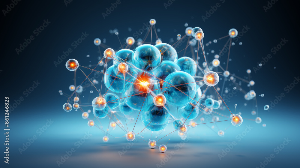 Abstract scientific drawing with many connected lightblue and orange glowing spheres with floor shades and some darkblue color gradients as a background Abstract scientific drawing with many connected lightblue and orange glowing spheres with floor shades and some darkblue color gradients as a background