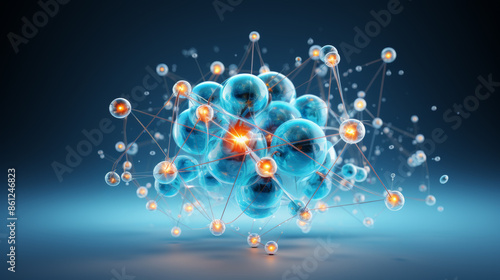 Abstract scientific drawing with many connected lightblue and orange glowing spheres with floor shades and some darkblue color gradients as a background photo