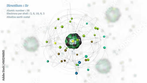 Atom of Strontium with 38 Electrons in infinite orbital rotation on white with other atoms in background