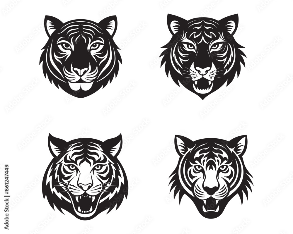 A tiger face in a black and white pattern - created with Generative AI technology A tiger face in a black and white pattern - created with Generative AI technology