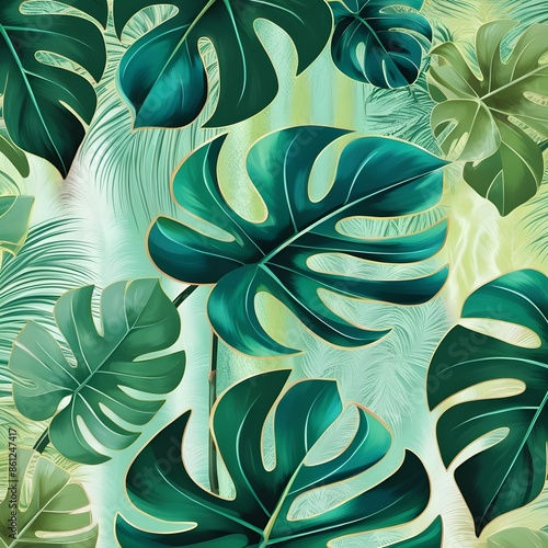 Abstract leave background pattern vector. Tropical monstera leaf design wallpaper. Botanical texture design for print, wall arts, and wallpaper Gernative AI photo