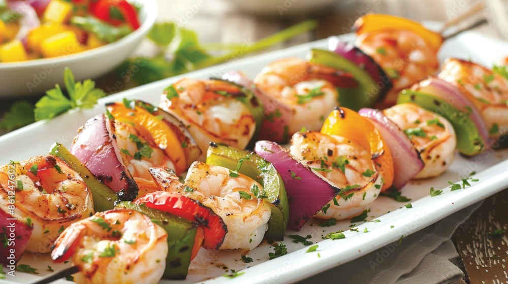 A platter of grilled shrimp skewers with colorful bell peppers and onions, freshly grilled A platter of grilled shrimp skewers with colorful bell peppers and onions, freshly grilled