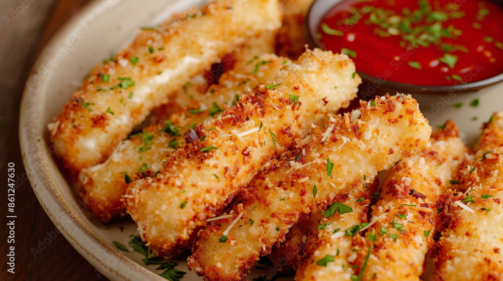 Breaded cheese sticks on a plate with dipping sauce Breaded cheese sticks on a plate with dipping sauce