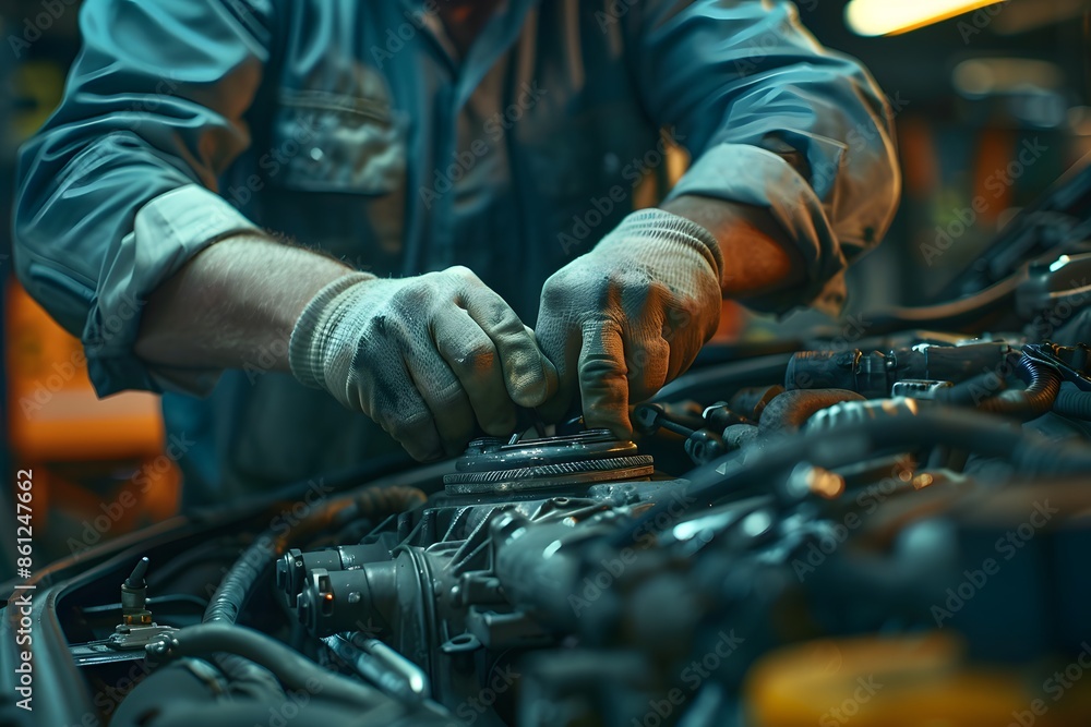 Mechanic repairing vehicle engine in garage Mechanic repairing vehicle engine in garage