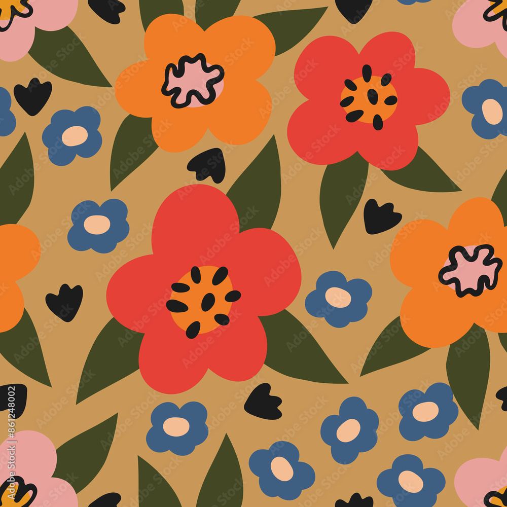 Fototapeta premium Seamless flower pattern. Vibrant flower repeated print. Bold and bright floral print. Summer background. Flowers and leaves ornament. Perfect for stationary, fabric, packaging, wrapping, textile.