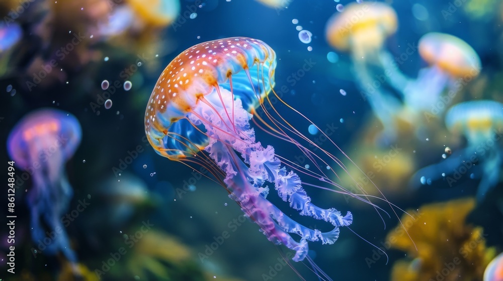 A rainbow-colored jellyfish swimming gracefully in an aquarium tank, displaying its iridescent beauty underwater. A rainbow-colored jellyfish swimming gracefully in an aquarium tank, displaying its iridescent beauty underwater.