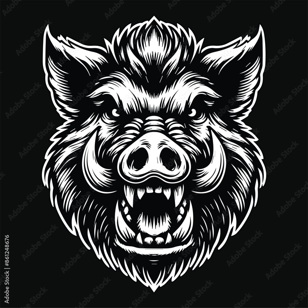 Fototapeta premium Dark Art Scary Angry Wild Boar Skull Head with Sharp Horn Black and White Illustration