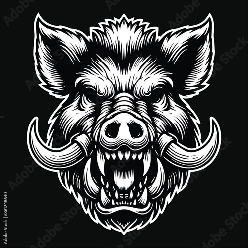 Dark Art Scary Angry Wild Boar Skull Head with Sharp Horn Black and White Illustration
