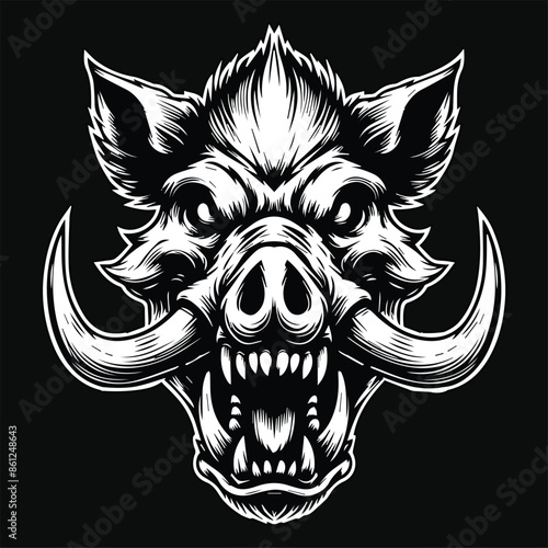 Dark Art Scary Angry Wild Boar Skull Head with Sharp Horn Black and White Illustration