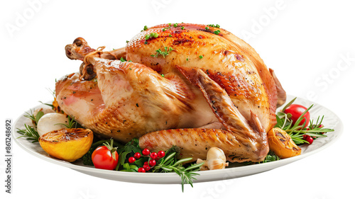 Delicious roasted turkey with rosemary, tomatoes, garlic, and lemon on white plate, cut out photo