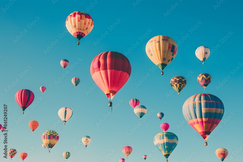 Multiple vivid hot air balloons soar through the air Multiple vivid hot air balloons soar through the air