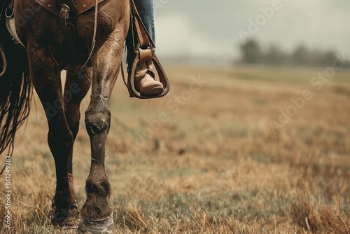 Western lifestyle shows boot in stirrup close up on horse during horseback riding, copy space on field background.