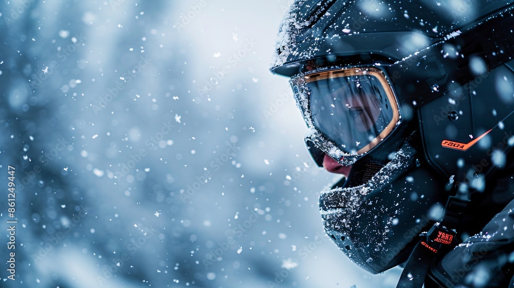 Profile shot of an athlete engaged in extreme winter sports, helmet on, with snowflakes in the background, highly detailed photograph, ultra-sharp and clear Profile shot of an athlete engaged in extreme winter sports, helmet on, with snowflakes in the background, highly detailed photograph, ultra-sharp and clear