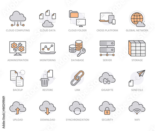 Cloud data storage line icons set. Database, information storage, server center, global network, backup, download vector illustrations. Technology thin signs. Orange color. Editable Strokes