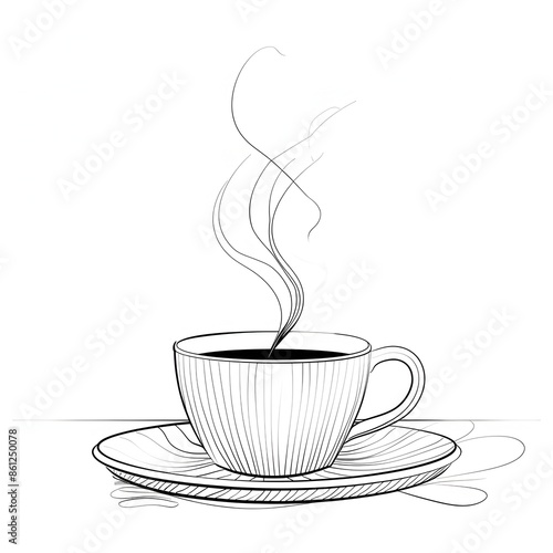 Elegant Minimalist Line Art Coffee Cup with Curling Steam on White Background