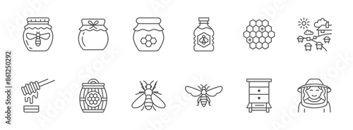 Honey line icon set. Honeycomb, bee hive, beekeeper, propolis outline vector illustration. Linear pictogram for apiary. Editable Stroke