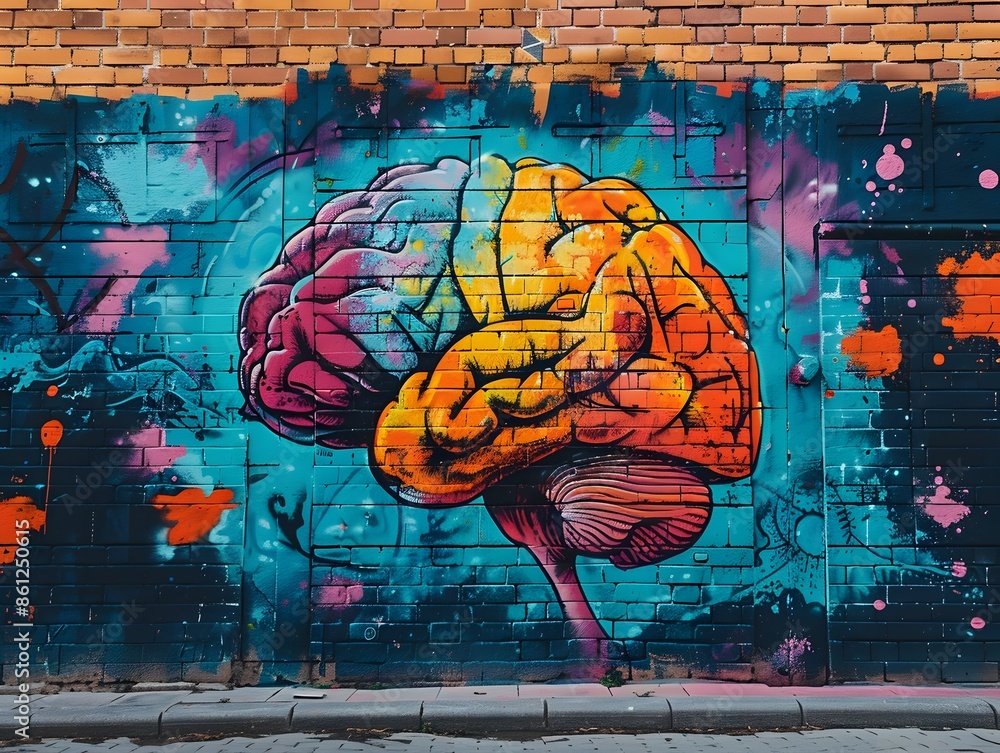 Naklejka premium Vibrant Graffiti Brain Mural in Urban Street Setting Representing Creativity and Cognitive Concepts